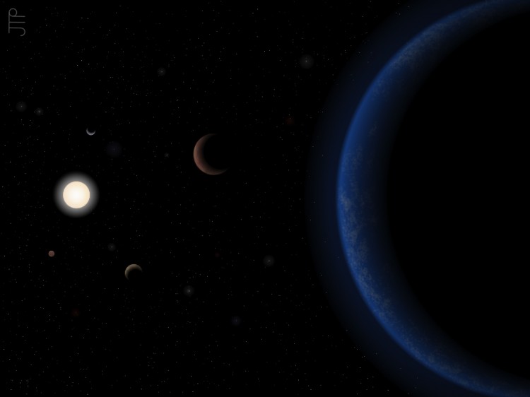 Concepção artística de Tau Ceti e seus cinco planetas (Universidade de Hertfordshire)