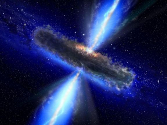 Ilustração artística de um quasar ou buraco negro alimentador, semelhante ao APM 08279+5255, onde os astrônomos descobriram enormes quantidades de vapor d’água. Gás e poeira formam provavelmente uma coluna em torno do buraco negro central, com nuvens de gás carregadas acima e abaixo. Os raios X emergem a partir da região central, enquanto que a radiação térmica infravermelha é emitida pela poeira durante a maior parte da coluna. (NASA/ESA)