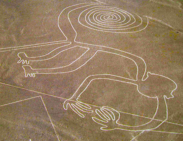 Vista área da imagem de um macaco que compõe o conjunto de desenhos de Nazca, no Peru (Domínio Público / Turismo Peru)