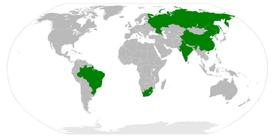 Em verde os países que compõe o Brics - Brasil, Rússia, Índia, China e África do Sul (Wikimedia Commons)