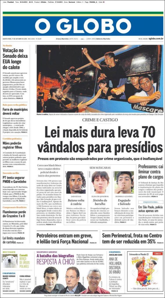 A polêmica capa de O Globo do dia 17 de outubro de 2013 que ficou conhecida como “retrato de bandido” (Reprodução)