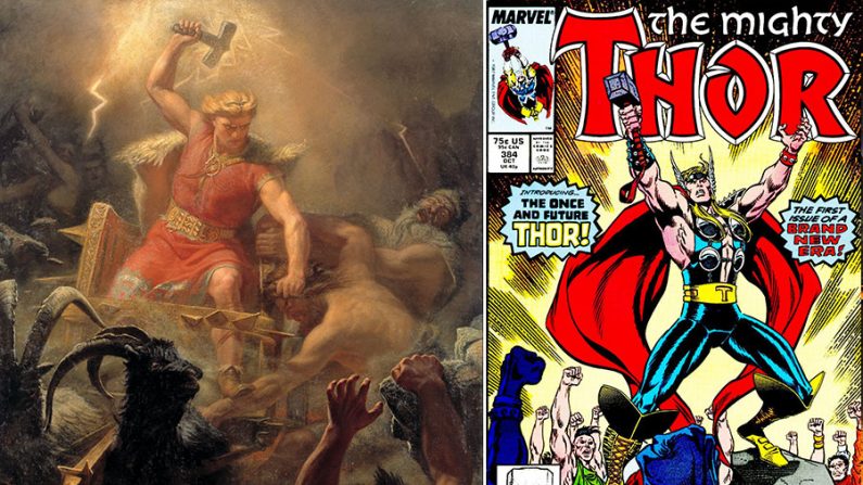 (E) O deus nórdico Thor, deus do trovão, é retratado por Mårten Winge Eskil, 1872. (D) Capa do gibi "O Incrível Thor" da Marvel, 1987 (Internet)