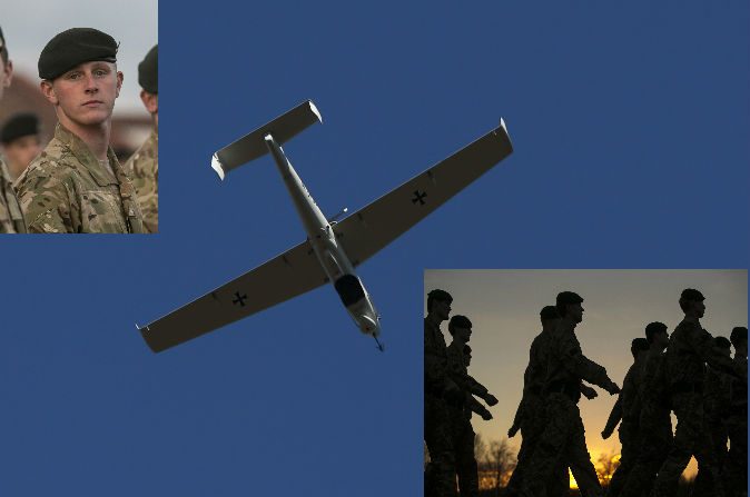 À esquerda: Um soldado britânico espera para receber uma medalha após voltar do Afeganistão (Matt Cardy/WPA/Getty Images) Centro: Um drone de reconhecimento LUNA, na Alemanha (Philipp Guelland/Getty Images) À direita: Soldados britânicos marcham após receberem medalhas em Wiltshire, Inglaterra (Matt Cardy-WPA Pool/Getty Images)