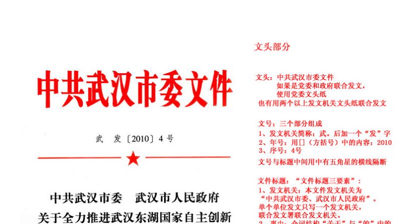 Um exemplo de um documento de "cabeçalho vermelho" da Comissão Municipal de Wuhan do Partido Comunista, e instruções (à direita) sobre como escrever tais documentos (Imagem de tela)