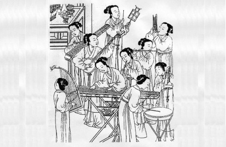 Uma antiga gravura chinesa de mulheres da corte tocando música (Domínio público)