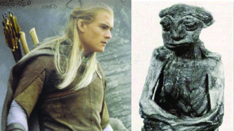 Esquerda: um personagem élfico de "O Senhor dos Anéis", Legolas (Shutterstock) Direita: uma múmia encontrada nas montanhas de Pedro em Wyoming. Acredita-se ser restos de um elfo (Wikimedia Commons)