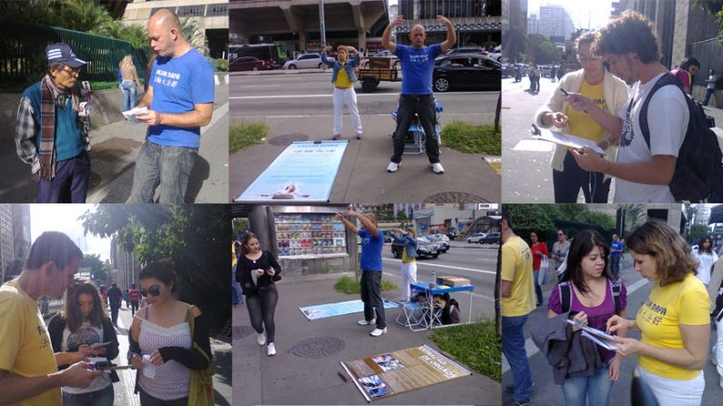 Praticantes do Falun Gong demonstram os exercícios da disciplina na Avenida Paulista em 25 de abril e explicam os fatos sobre a perseguição que ocorre na China (Epoch Times)