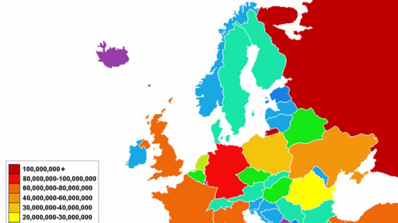 As cores indicam a população atual dos países europeus (Wikimedia Commons)