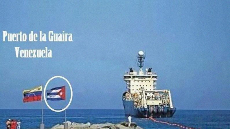 Imagem do Porto de la Guaira na Venezuela com bandeira cubana hasteada (Reprodução)