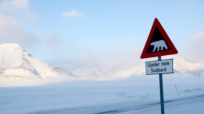 Placa de alerta adverte sobre a presença de ursos polares em Longyearbyen, na ilha de Spitsbergen, a parte mais ao norte da Noruega, em 30 de abril de 2013 (Frederik Ljone Holst/AFP/Getty Images)