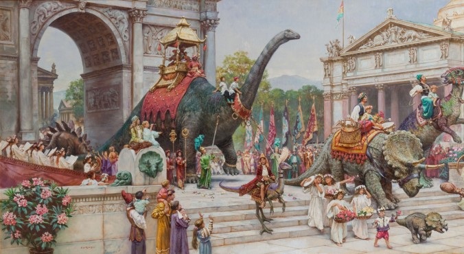     James Gurney, 'Desfile dos Dinossauros'. Óleo sobre tela (Cortesia de 'Lady Lever Art Gallery')