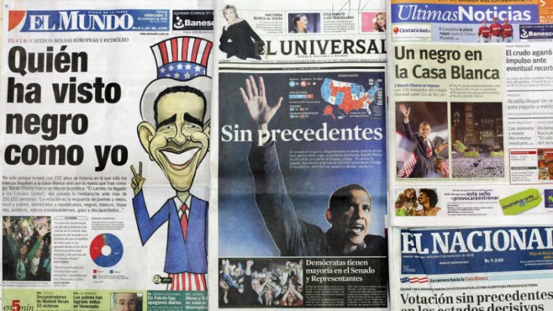  Imagem das primeiras páginas dos principais jornais venezuelanos do presidente eleito dos EUA, Barack Obama, em Caracas em 5 de novembro de 2008. As manchetes dizem: "Quem já viu um homem negro como eu?" (El Mundo), "Sem precedentes" (El Universal), "Um homem negro na Casa Branca" (Ultimas Noticias), "Eleição sem precedentes nos Estados decisivos" (El Nacional) (Thomas Coex/AFP/Getty Images)