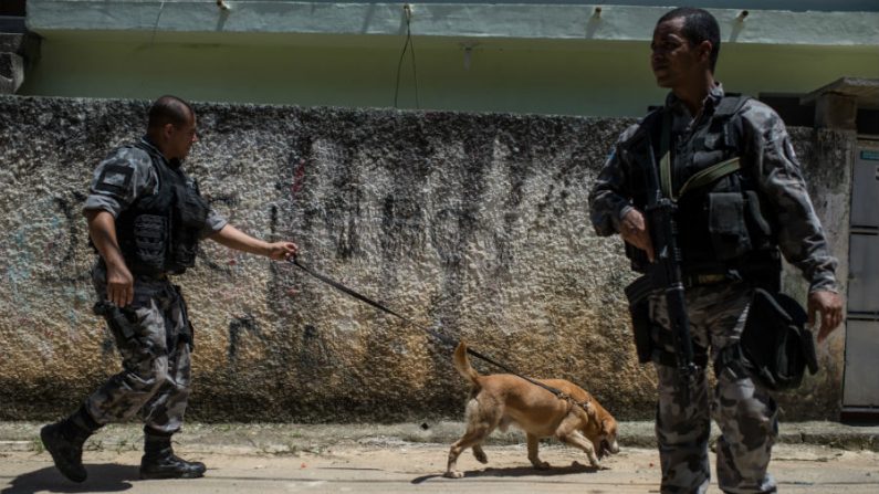 Policiais militares da patrulha Unidade Canina durante operação contra drogas em uma favela em Niterói, Rio de Janeiro, Brasil, em 5 de dezembro de 2013 (Yasuyoshi Chiba/AFP/Getty Images )