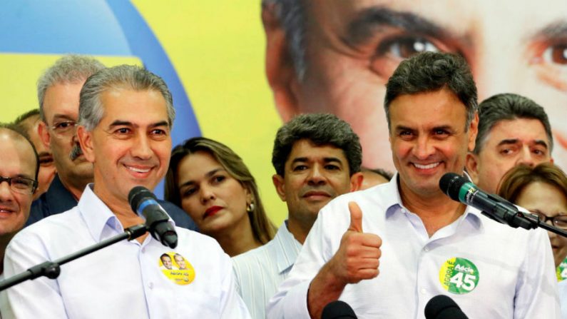 Reinaldo Azambuja (PSDB), que lidera no Mato Grosso do Sul, recebeu apoio de Aécio em Campo Grande (Reprodução)