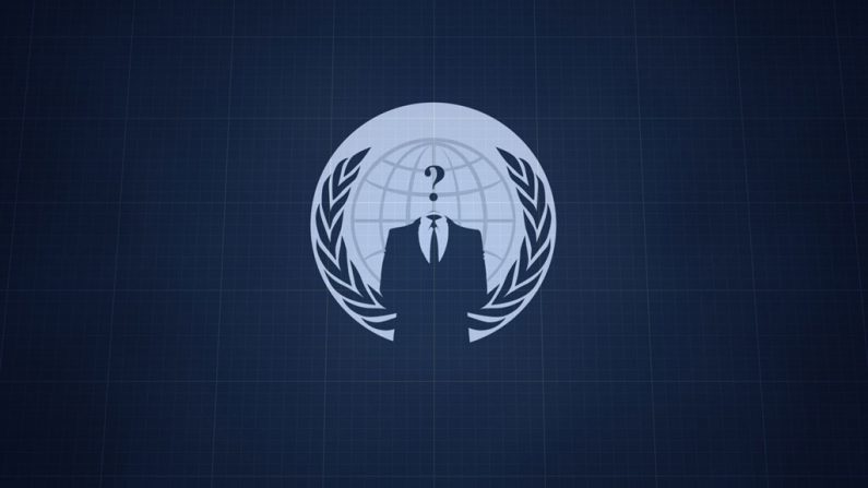 O logotipo do grupo hacker Anonymous. O grupo vazou informações de websites do governo chinês e de policiais de Hong Kong, uma iniciativa para apoiar os protestos pró-democracia na cidade-estado (Anonymous)