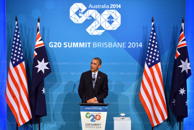 Presidente dos EUA, Barack Obama, fala durante conferência de imprensa na reunião da cúpula do G20, no Centro de Convenções e Exposições de Brisbane em Brisbane, Austrália, em 16 de novembro de 2014 (Peter Parks/AFP/Getty Images)