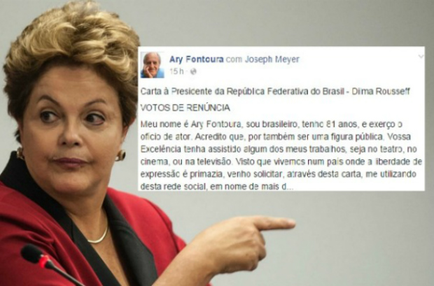 Ary Fontoura, ícone da TV, Teatro e cinema brasileiro, escreveu uma carta em sua página no facebook direcionada à Dilma sob o título "Votos de renúncia" (Reprodução)