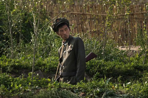 Um soldado norte-coreano próximo do rio Yalu, na cidade de Sinuiju, Coreia do Norte, que faz fronteira com a província de Liaoning, no norte da China, em 24 de maio de 2017. (Kevin Frayer/Getty Images)