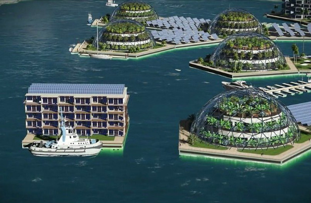 A primeira cidade será construída sobre uma base de 11 plataformas retangulares e pentagonais (Instituto Seasteading)