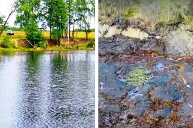 O lago Sakantsi, em Vladimir, Rússia, antes e depois de um fenômeno aparentemente geológico esvaziá-lo completamente das suas águas.