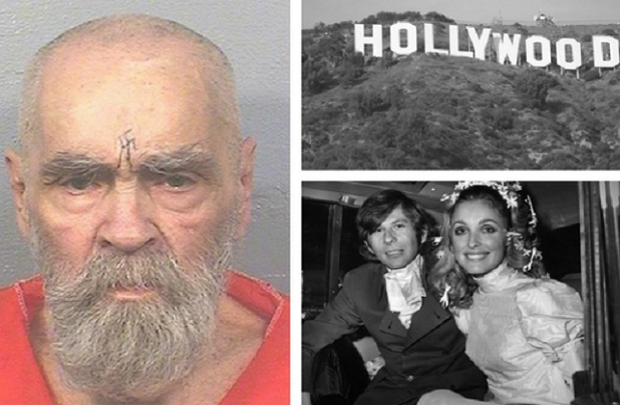 Imagem mais recente de Charles Manson, tirada em agosto (esq.) (Cortesia do Departamento Correcional e de Reabilitação da Califórnia). Hollywood em Los Angeles (em cima à dir.) (Wikimedia Commons CC BY-SA). Os seguidores de Manson mataram a atriz Sharon Tate (foto com o marido Roman Polanski), em sua casa em Los Angeles junto com outras quatro pessoas, em 9 de agosto de 1969 (embaixo à dir.) (Evening Standard/Getty Images)