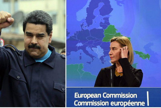 Ditador da Venezuela Nicolás Maduro (esq.) e a chefe da política externa da União Europeia, Federica Mogherini (Inti Ocon/John Thys/AFP/Getty Images)