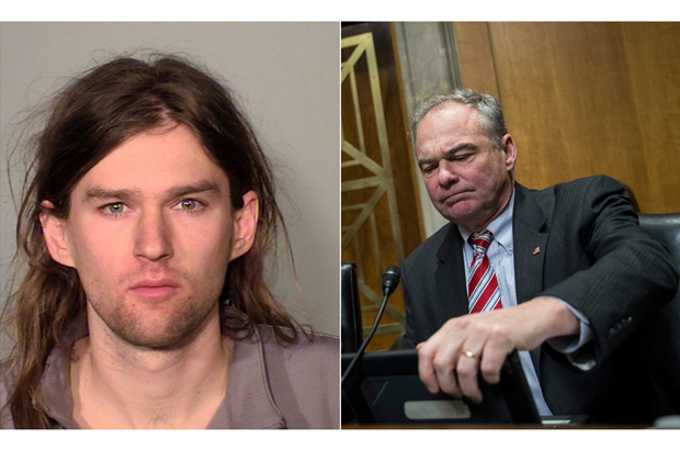 (esq.) Linwood Michael “Woody” Kaine (Escritório do Xerife do Condado de Ramsey); (dir.) O senador Tim Kaine (D-VA) durante uma audiência no Comitê das Relações Exteriores do Senado sobre terrorismo e radicalização no Norte da África, no Capitólio em Washington, D.C., em 6 de dezembro de 2017 (Drew Angerer/Getty Images)