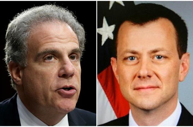 [esq.] Michael Horowitz, o inspetor-geral do Departamento de Justiça (DOJ) dos EUA (Drew Angerer/Getty Images) [dir.] Peter Strzok, um alto funcionário de contrainteligência do Departamento Federal de Investigação (FBI)