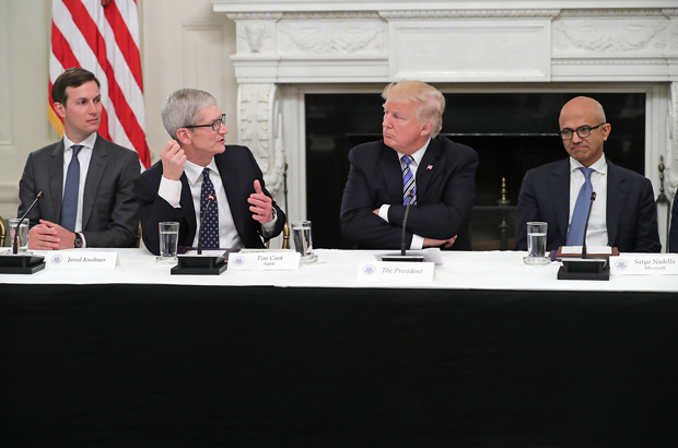 Jared Kushner, o genro do presidente; Tim Cook, o CEO da Apple; o presidente estadunidense Donald Trump; e Satya Nadella, o CEO da Microsoft, participam de uma reunião do Conselho Americano de Tecnologia na sala de jantar estatal na Casa Branca em Washington, D.C., em 19 de junho de 2017 (Chip Somodevilla/Getty Images)