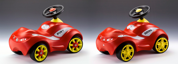 O carro de brinquedo original Puky à esquerda, em comparação com a marca chinesa Qidong do mesmo modelo (Cortesia de Aktion Plagiarius)