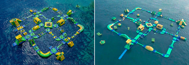 O parque aquático inflável original à esquerda, em comparação com a contrafação chinesa à direita (Cortesia de Aktion Plagiarius)