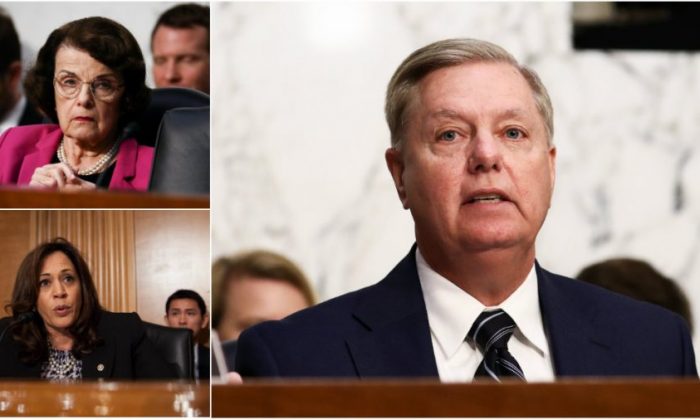 A senadora Diane Feinstein (D-Calif.) (Superior E), a senadora Kamala Harris (D-Calif.) (Inferior E) e o senador Lindsey Graham (R-S.C.) (Samira Bouaou / The Epoch Times)