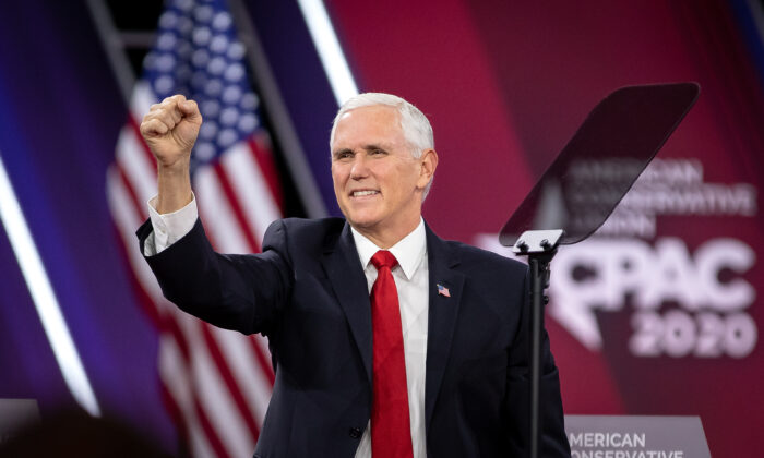 O vice-presidente Mike Pence discursa na convenção do CPAC em National Harbor, Maryland, em 27 de fevereiro de 2020 (Samira Bouaou / The Epoch Times)