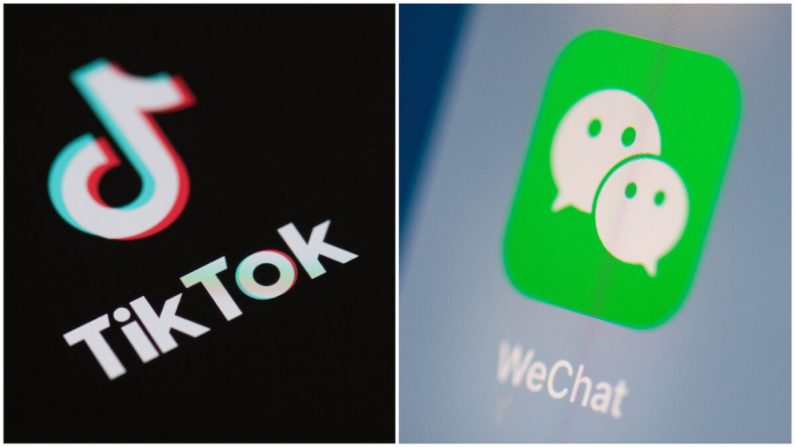 (Esquerda) O logotipo do aplicativo de rede social TikTok na tela de um telefone. (À direita) O logotipo do aplicativo de mensagens instantâneas chinês, WeChat, na tela de um tablet (Martin Bureau / AFP via Getty Images)