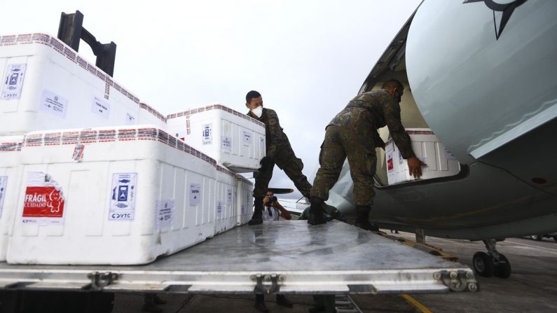 A Força Aérea Brasileira transporta vacinas contra o novo coronavírus até o município de Tabatinga para a vacinação em comunidades indígenas (Marcelo Camargo/Agência Brasil)