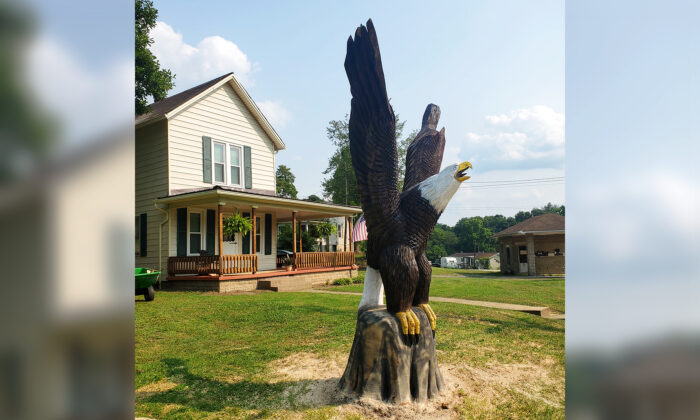 O artesão James McGrath, de McConnelsville, Ohio, esculpiu duas águias americanas gigantes para seu cliente, o veterano do Vietnã Ron Hall (cortesia de James McGrath)