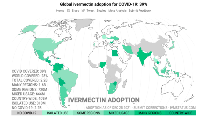 Captura de tela dos países onde a ivermectina é usada para tratar a COVID-19. (ivmstatus.com/screenshot via Epoch Times)