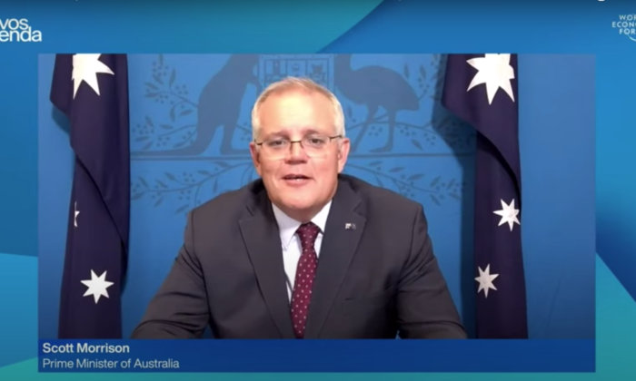 Discurso especial de Scott Morrison, primeiro-ministro da Austrália com Børge Brende, Presidente do Fórum Econômico Mundial na Agenda 2022 de Davos, em 21 de janeiro de 2022. (Captura de tela do Epoch Times)