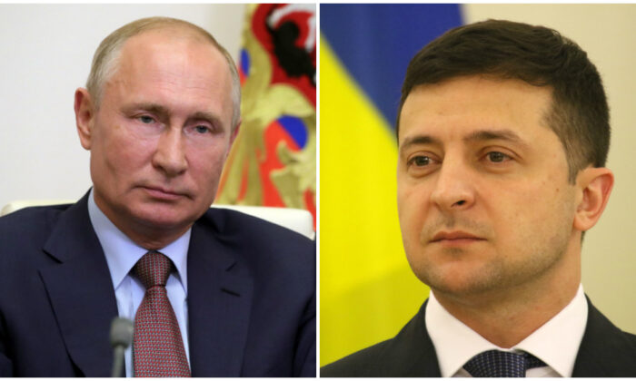 Imagem composta do presidente da Rússia, Vladimir Putin (esquerda) e do presidente da Ucrânia, Volodymyr Zelensky, (direita) (Sputnik/Alexei Nikolsky/Kremlin via Reuters/Petras Malukas/AFP via Getty Images)