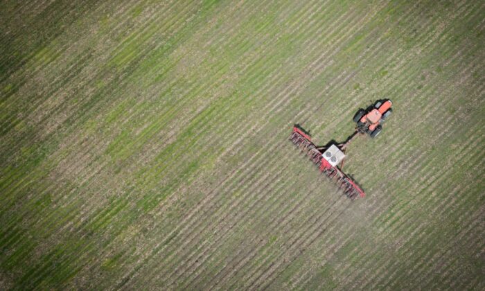 Trator cruzando um campo de Iowa para plantio de milho na primavera (Cortesia Iowa Corn Growers Association)