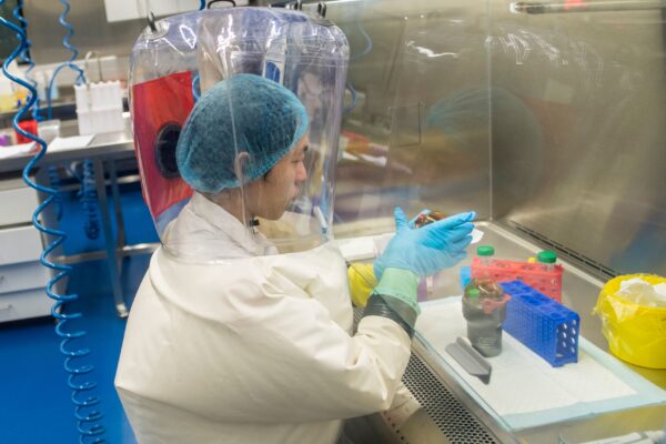 Trabalhadores são vistos dentro do laboratório P4 em Wuhan, na China, no dia 23 de fevereiro de 2017 (Johannes Eisele/AFP via Getty Images)
