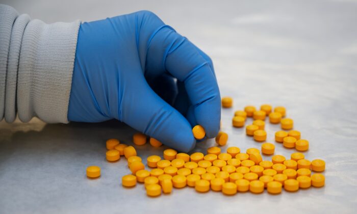 Um químico da Drug Enforcement Administration (DEA) revisa pílulas confiscadas contendo fentanil no Laboratório Regional Nordeste da DEA em Nova iorque, no dia 8 de outubro de 2019 (Don Emmert/AFP via Getty Images)
