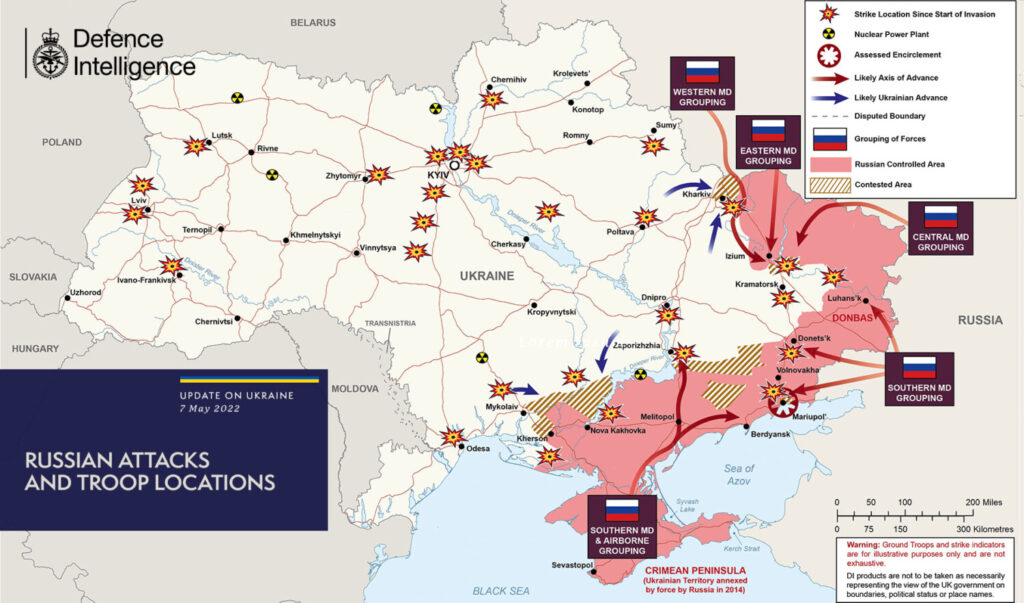 Um mapa do Ministério da Defesa do Reino Unido mostra a localização das tropas da Rússia e da Ucrânia em 7 de maio de 2022 (Ministério da Defesa do Reino Unido)