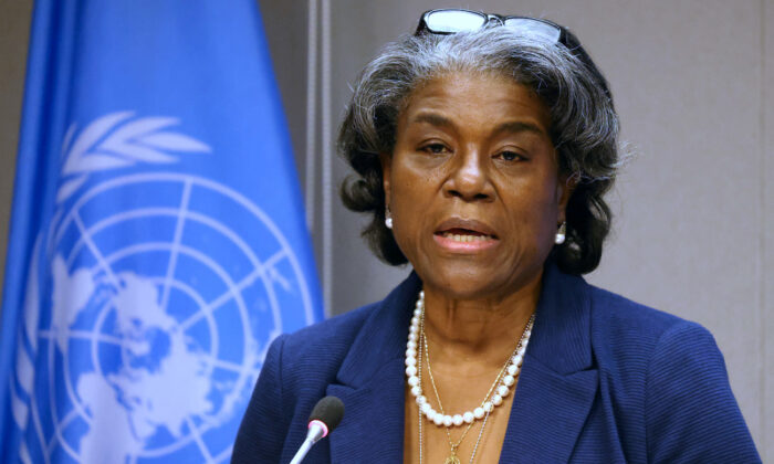 Linda Thomas-Greenfield, embaixadora dos EUA nas Nações Unidas, em um briefing na cidade de Nova Iorque em 1º de março de 2021 (Spencer Platt/Getty Images)