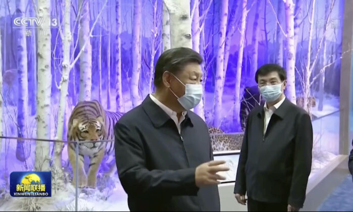 O líder chinês Xi Jinping (C) visita uma exposição no Salão de Exposições de Pequim em 27 de setembro de 2022, nesta imagem tirada de imagens de vídeo (CCTV via AP)