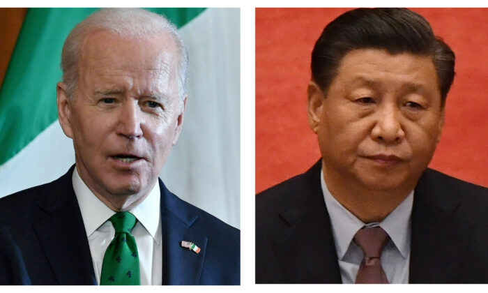 (E) O presidente Joe Biden fala durante o almoço anual do Dia de São Patrício no Capitólio, em Washington, em 17 de março de 2022. (Nicholas Kamm/AFP via Getty Images); (D) O líder chinês Xi Jinping em Pequim, em 4 de março de 2021. (Leo Ramirez/AFP via Getty Images)