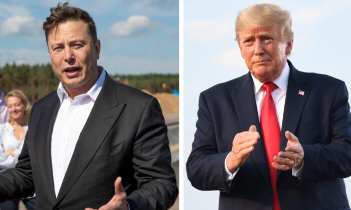 O chefe da Tesla, Elon Musk, fala com a imprensa perto de Berlim em 3 de setembro de 2020. O ex-presidente dos EUA, Donald Trump, chega para fazer comentários durante um comício Save America em Illinois em 25 de junho de 2022. (Maja Hitij/Getty Images; Michael B. Thomas /Getty Images)