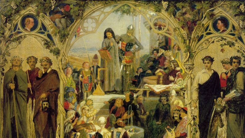 As linhas dos grandes poetas derramam-se como doce néctar do céu, reverberando com ritmo e rima enquanto tocam o paladar a caminho da alma. “As sementes e frutos da poesia inglesa”, 1845, de Ford Maddox Brown (Domínio público)