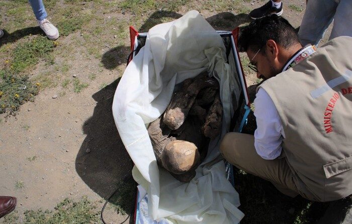 Fotografia fornecida pelo Ministério da Cultura, mostrando uma múmia pré-hispânica. Uma múmia pré-hispânica, com idade entre 600 e 800 anos, foi encontrada dentro da mochila de um entregador de uma empresa de "delivery" (entrega em domicílio) na região peruana de Puno, adjacente à Bolívia, informaram fontes oficiais nesta segunda-feira (EFE). /Ministério da Cultura/SOMENTE PARA USO EDITORIAL)