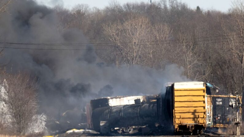 Fumaça sobe de um trem de carga descarrilado na Palestina Oriental, Ohio, em 4 de fevereiro de 2023 (Foto de DUSTIN FRANZ/AFP via Getty Images)